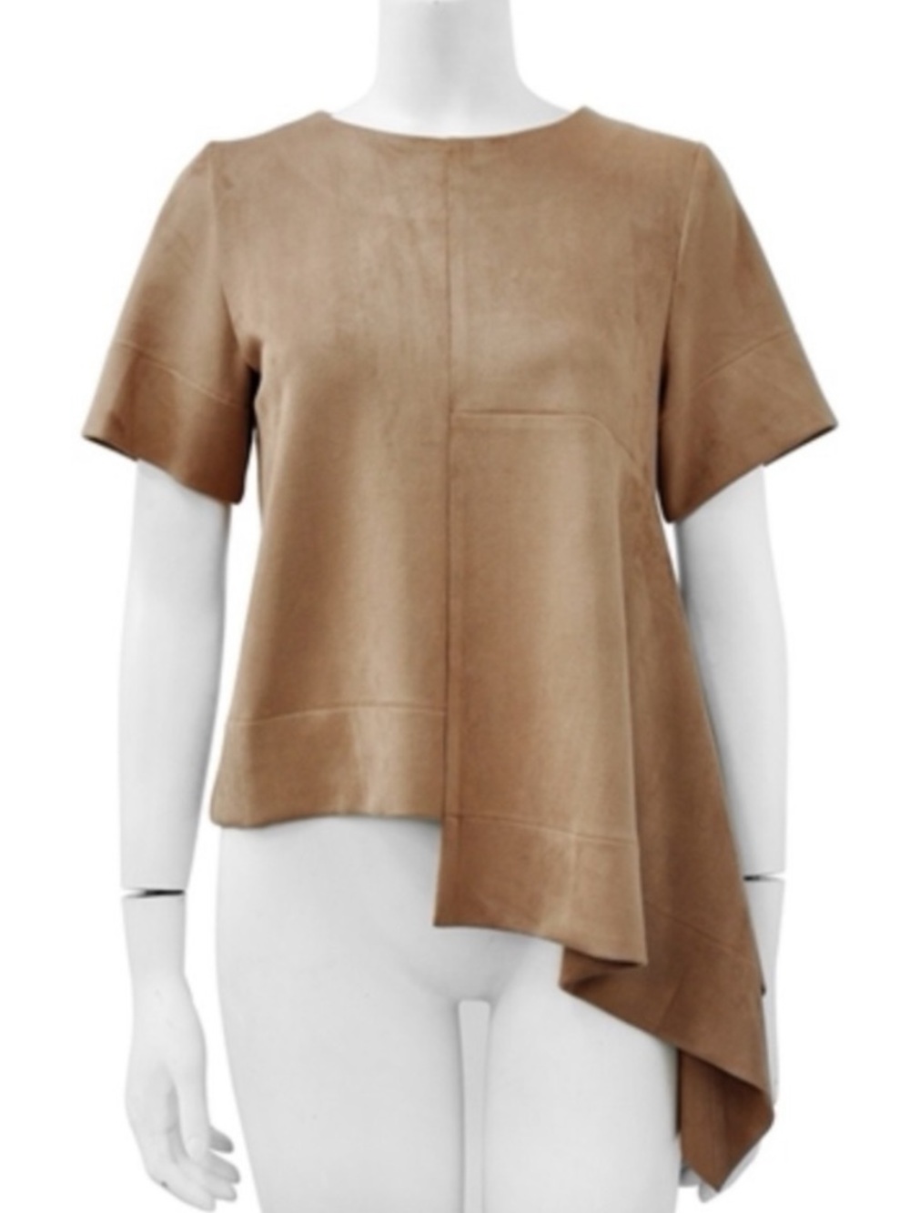 Gracia Faux Suede Asymmetrical Draped Top Tan Brown M
